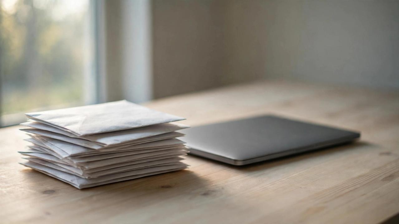 A stack of unopened envelopes beside a closed laptop on a wooden desk in morning light.