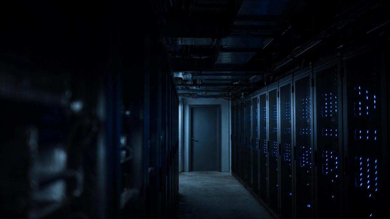 An empty, dimly lit server room corridor at night, with a plain closed steel door at the end of the aisle.