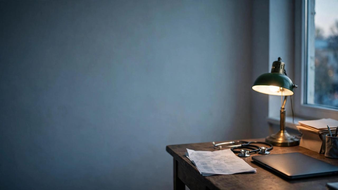 A printed hospital bill and a stethoscope on an office desk under a single lamp, with an empty window-lit space beside them.