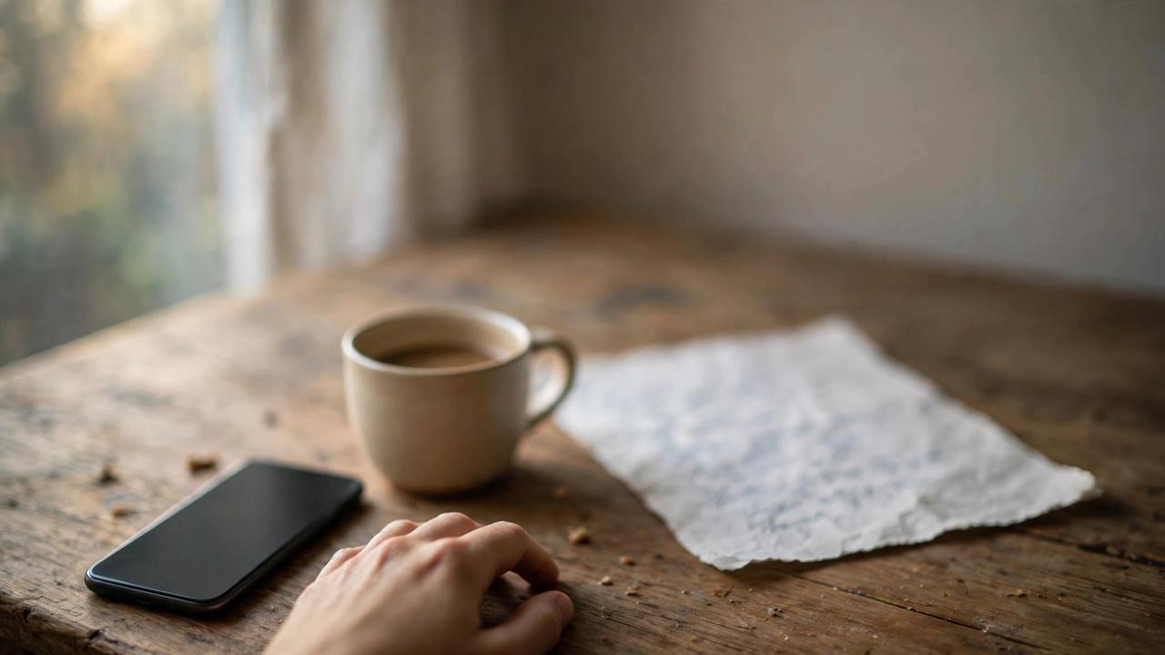 A phone lies face-down beside coffee and a handwritten page on a kitchen table in early morning light.