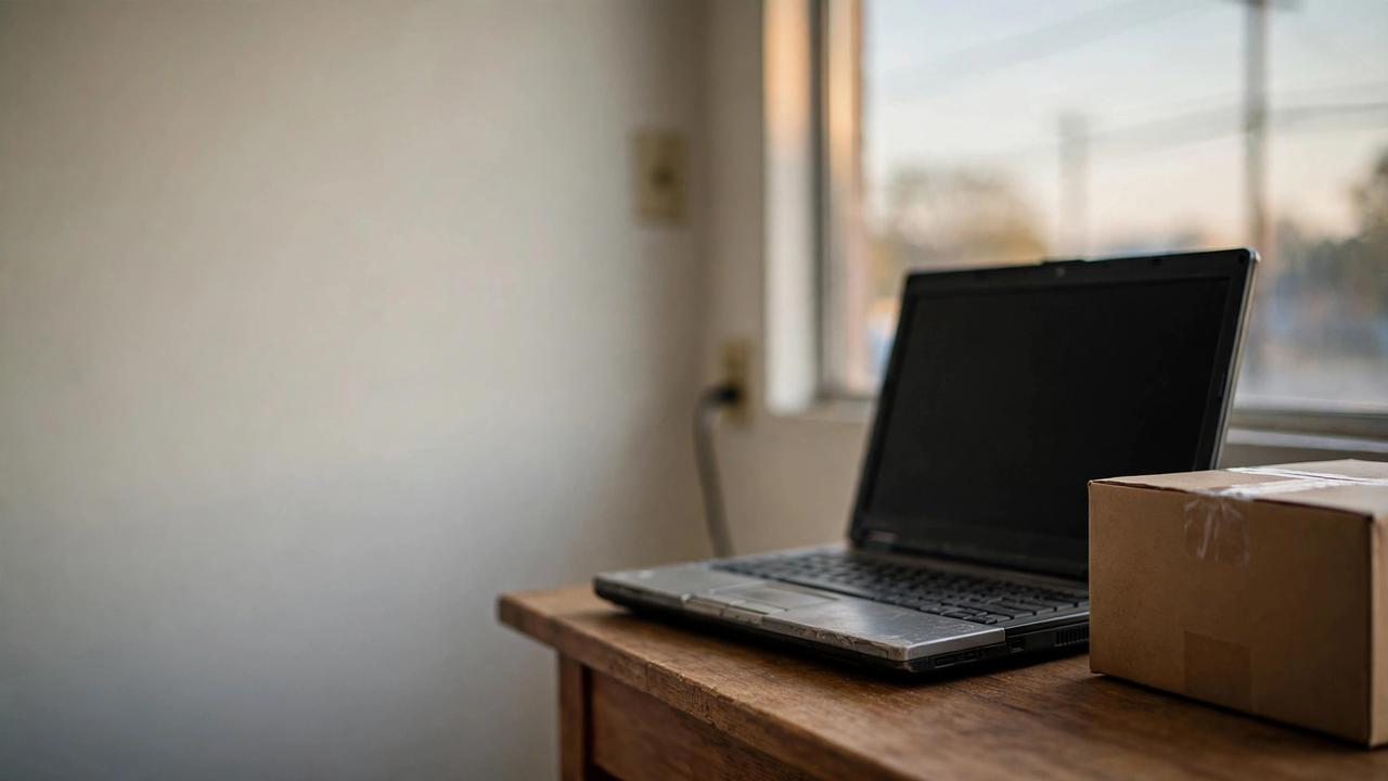 An older laptop beside an unopened shipping box on an office desk, with power lines visible through the window behind.