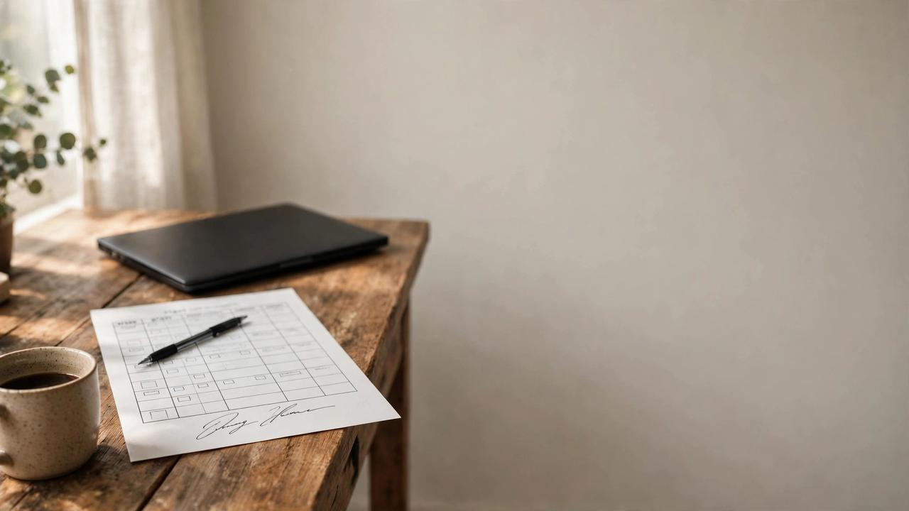 A printed staff schedule and a pen on a sunlit office desk beside a closed laptop.