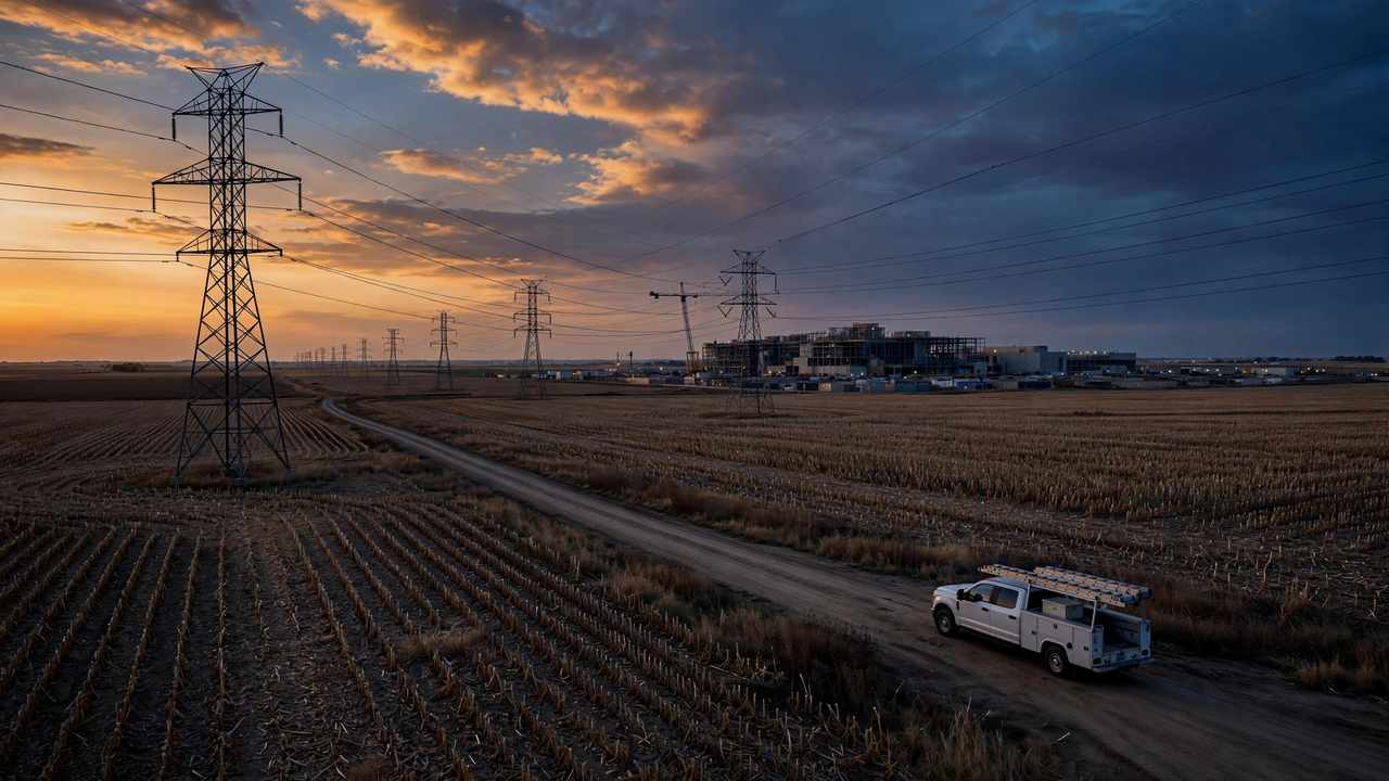 High-voltage power lines crossing a harvested field toward a half-built industrial campus at dusk, a utility truck on the access road.