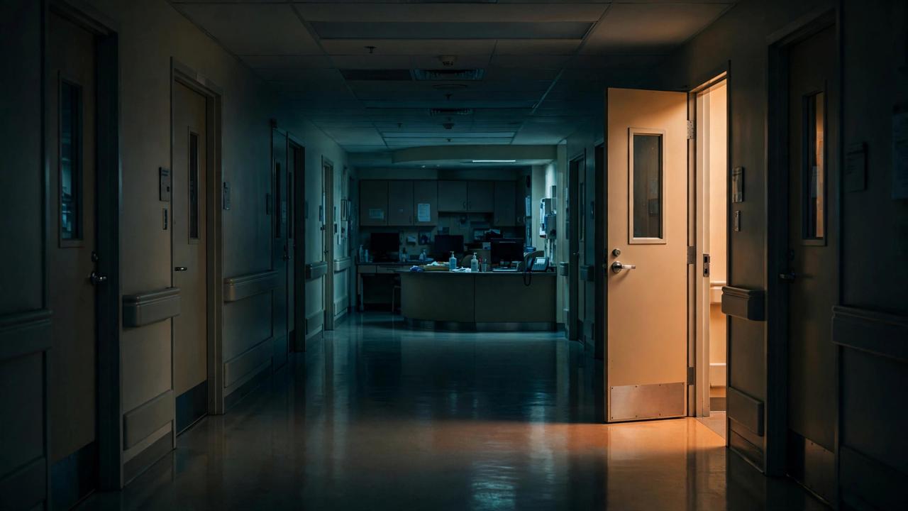 A dim, empty hospital corridor at night with one patient-room door ajar, warm light spilling onto the floor, and a dark nurse's station at the far end.