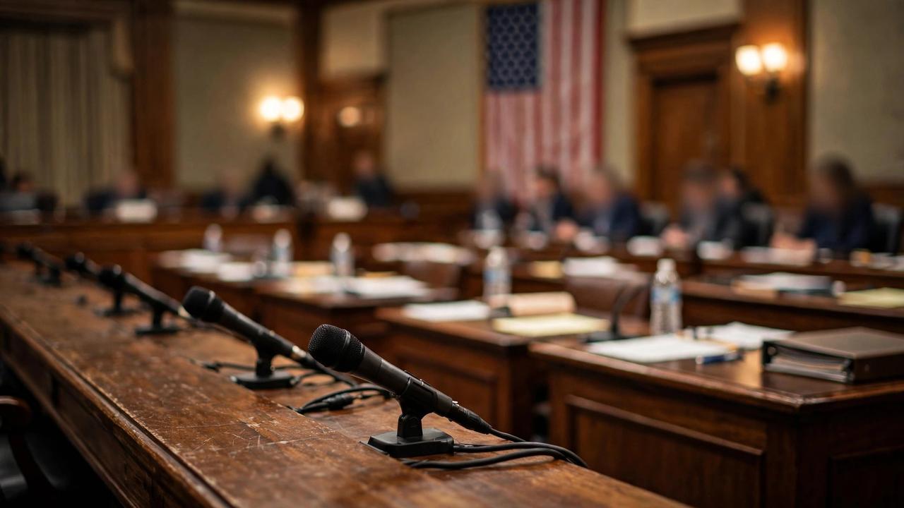 A wooden witness table with microphones in an empty government hearing chamber, an American flag behind the rows of officials’ desks.