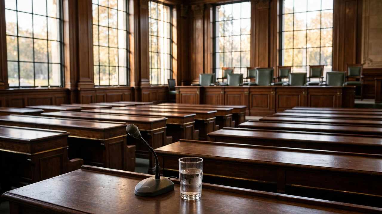 A lone witness microphone and water glass on a wood-paneled table facing the raised empty chairs of a parliamentary hearing committee, afternoon light through tall windows.