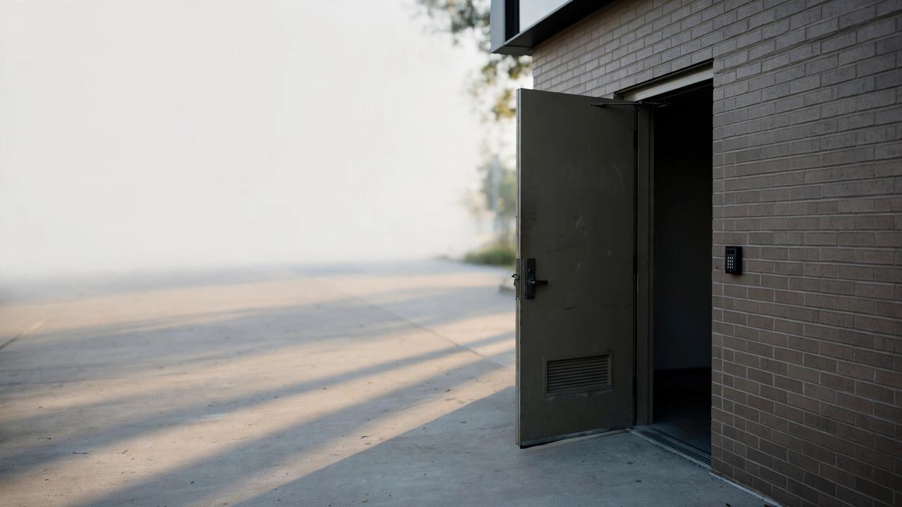 A side service door of an office building stands slightly ajar beside a keypad in soft morning light.