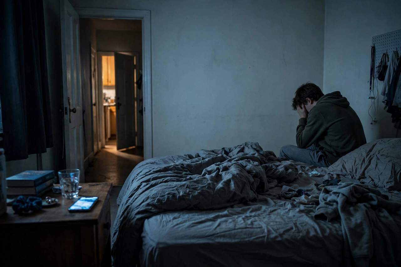 A teenager sitting on the edge of an unmade bed at night with head in hands, a glowing phone on the nightstand beside a hallway door cracked open to warm light.
