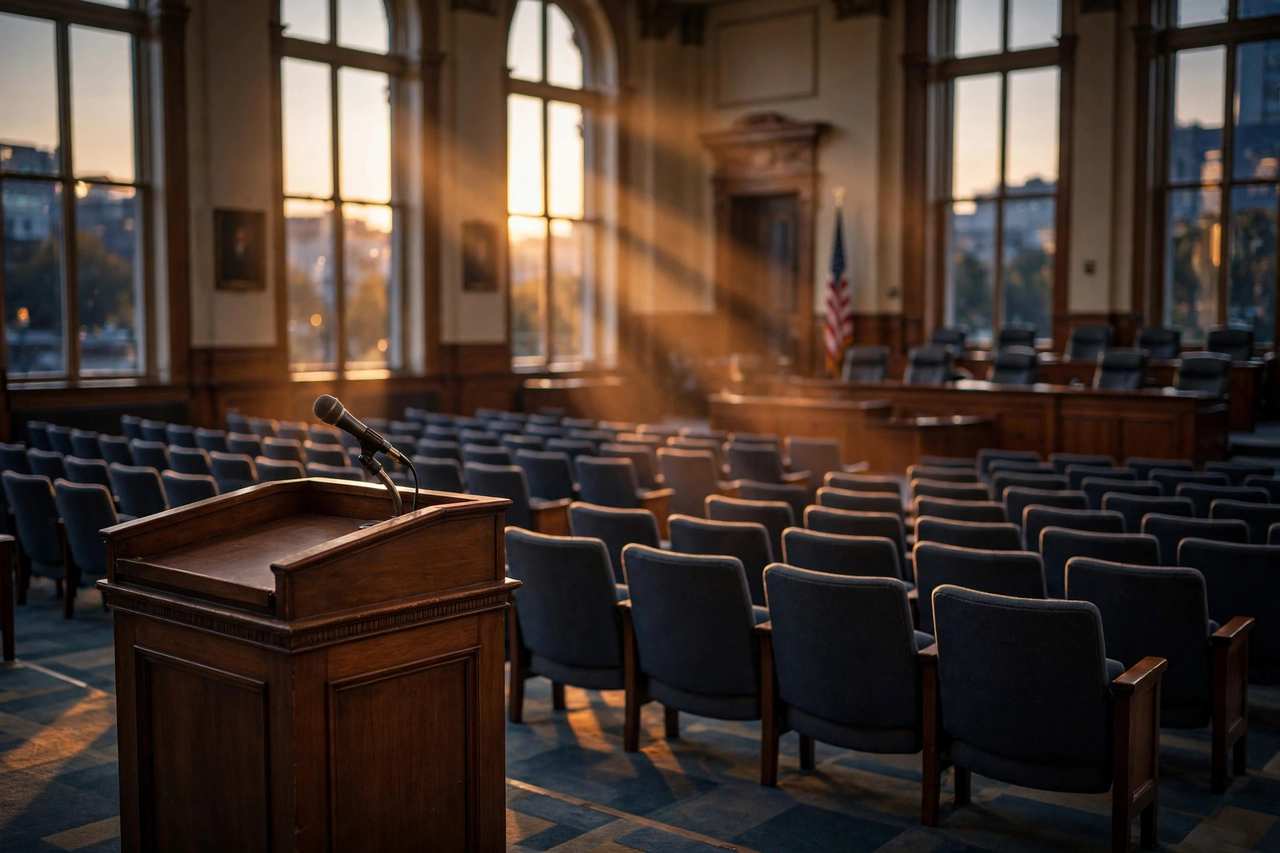 An empty city council chamber at dusk with a lone microphone on the public comment podium, rows of empty chairs, and warm light through tall windows.