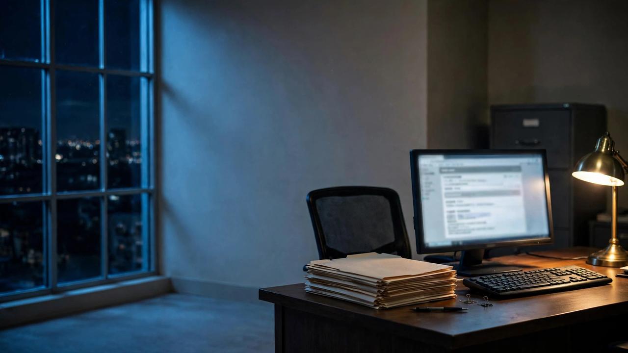 An empty records office at night, a monitor showing a blank web form beside a stack of case folders.