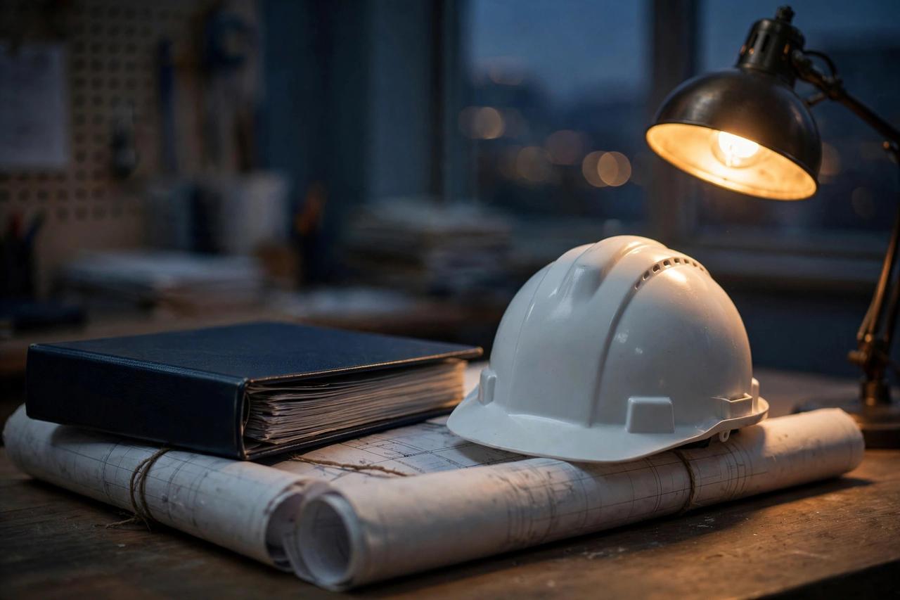 A thick insurance policy binder and a white hard hat on a contractor's desk at dusk, rolled blueprints beneath a warm desk lamp.
