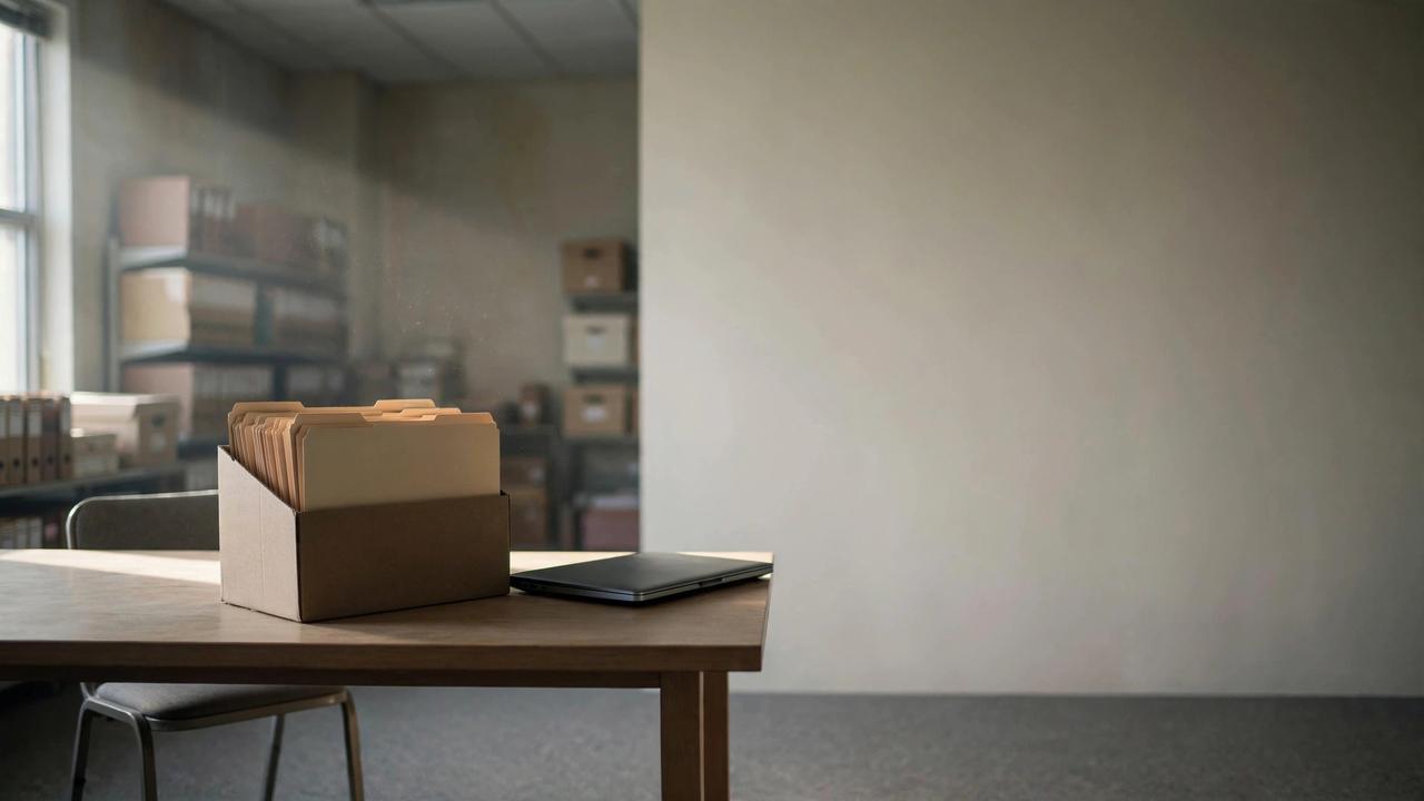 An open box of blank file folders and a closed laptop on a wooden table in a sunlit, empty records room.