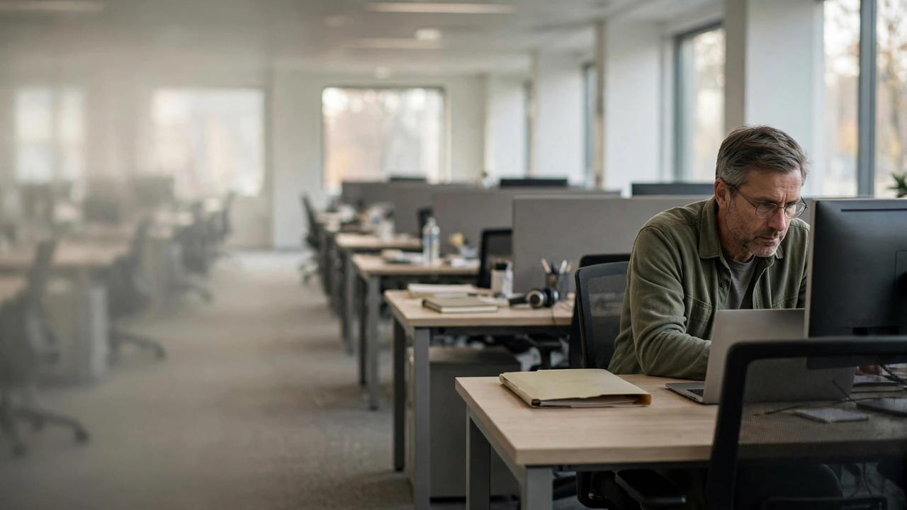 Quiet office at morning, a senior engineer at a monitor beside an empty desk holding an unopened welcome folder.