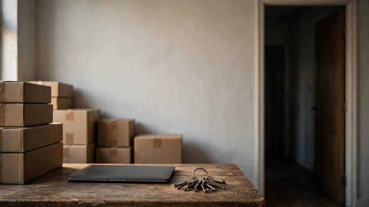 Small online shop's back office at dusk, a closed laptop and a ring of old keys beside a half-open door.