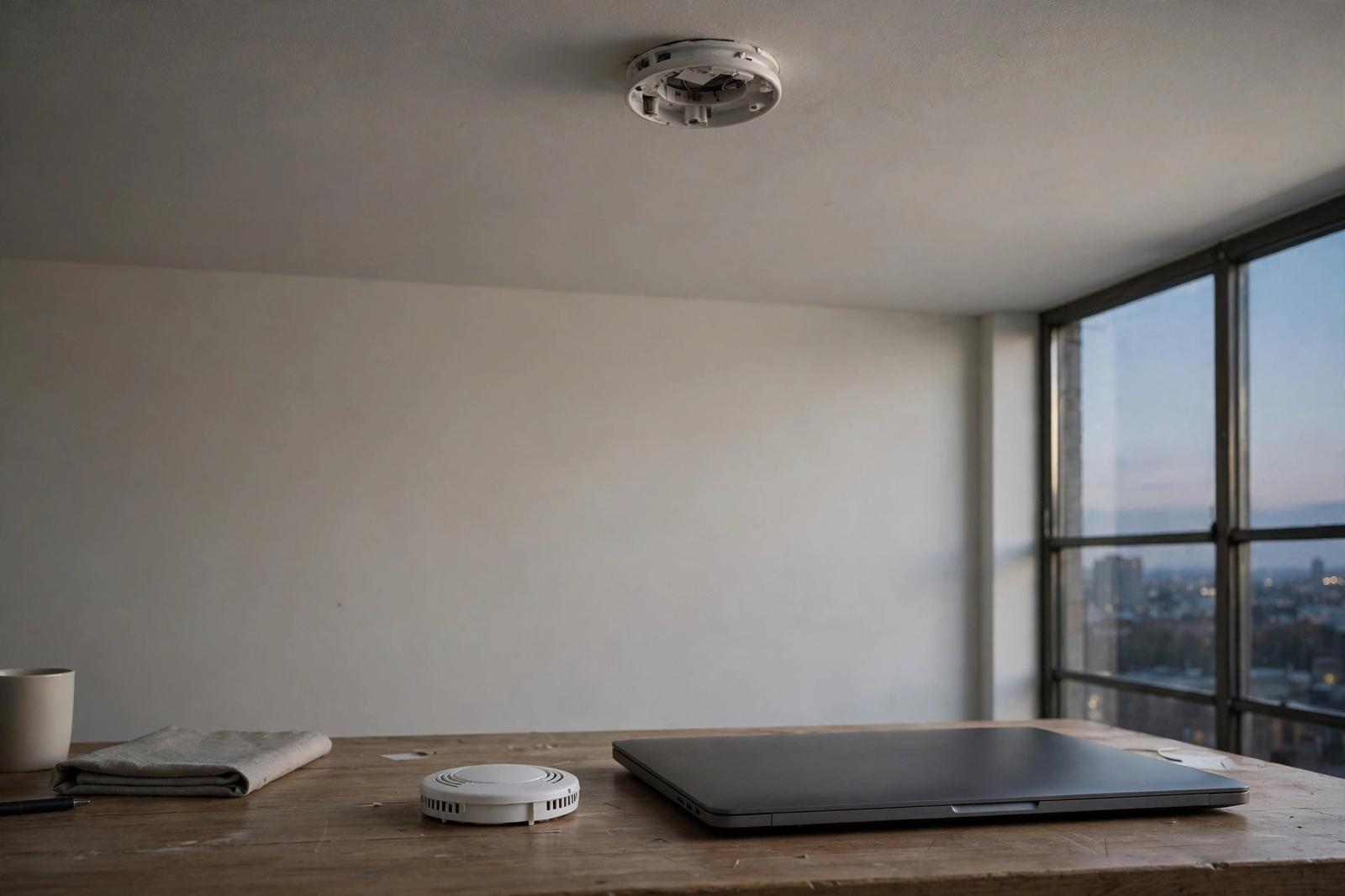 A smoke alarm cover lying on an office desk beside a closed laptop, its bare base visible on the ceiling.