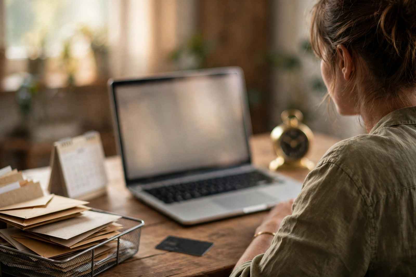 A small business owner at a desk facing a laptop, with a paper calendar, an overflowing inbox tray and a payment card beside it.