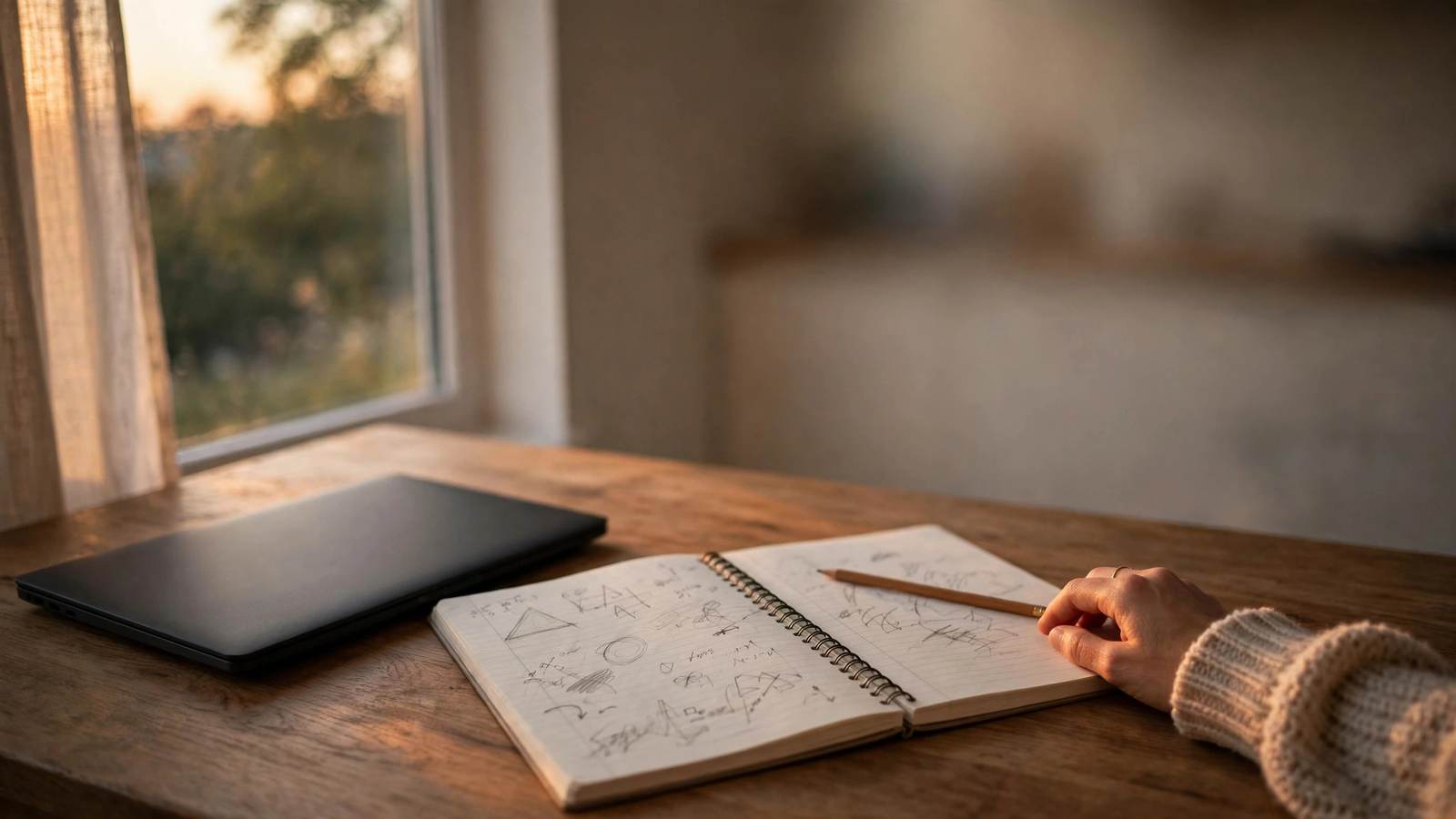 Closed school laptop beside a notebook of handwritten math homework on a kitchen table in evening light.