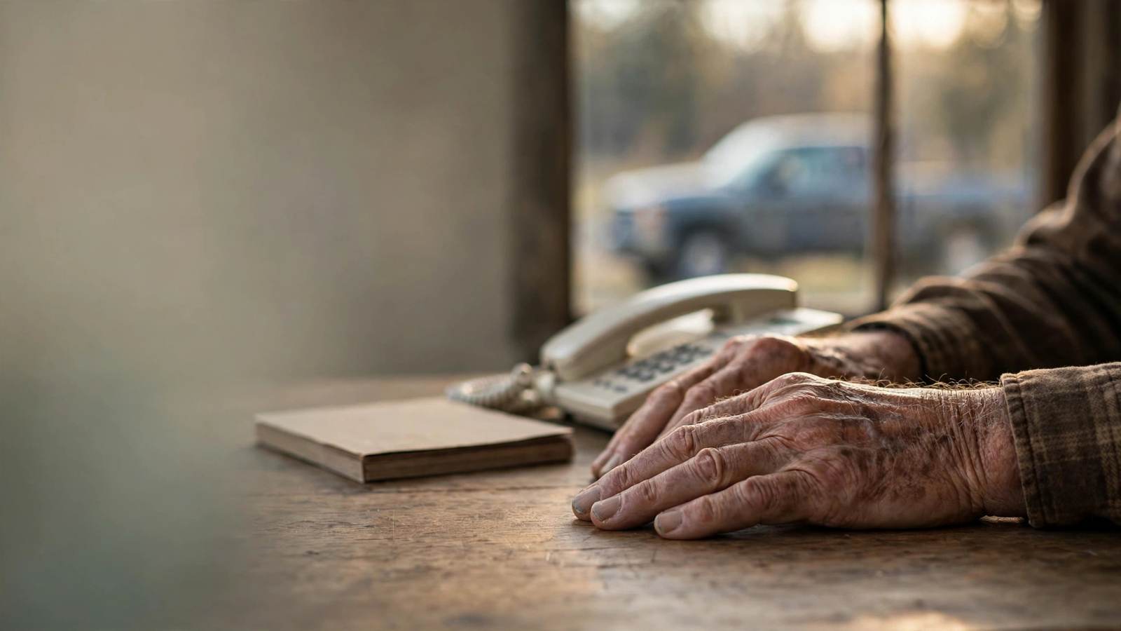 An older man's hands on a kitchen table beside a phone and a closed calendar, waiting in afternoon light.