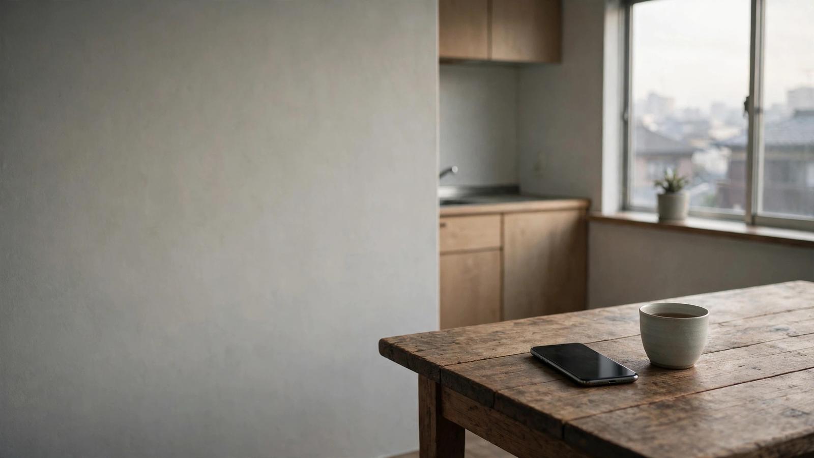 A dark smartphone on a kitchen table at dawn, a quiet city visible through the window behind it.