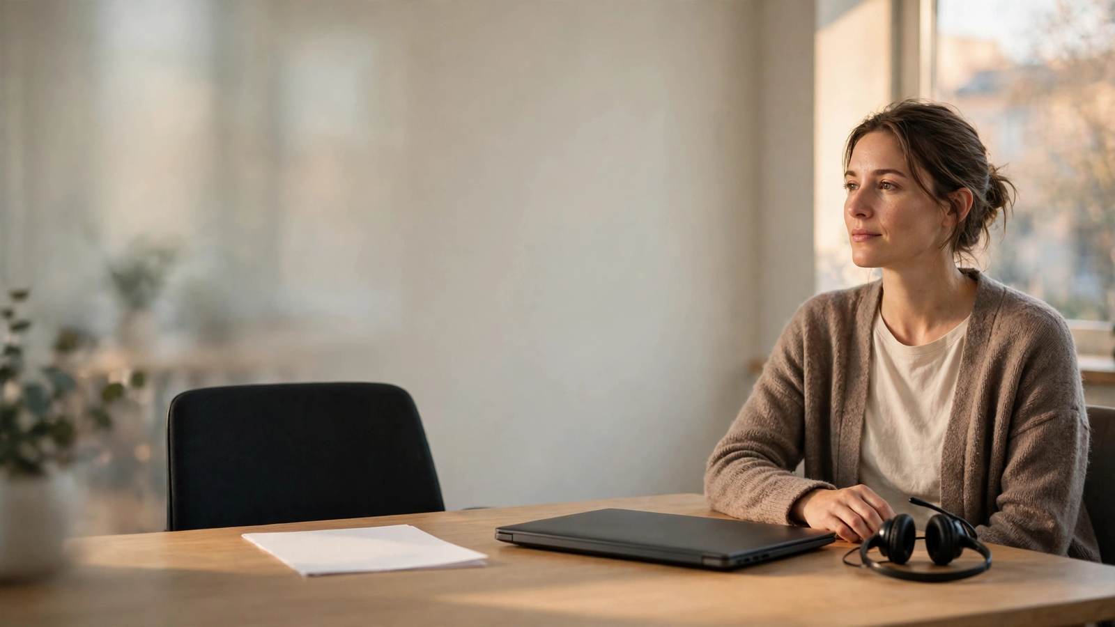 A worker waits across a table from an empty chair before a review, a headset and face-down page beside her.