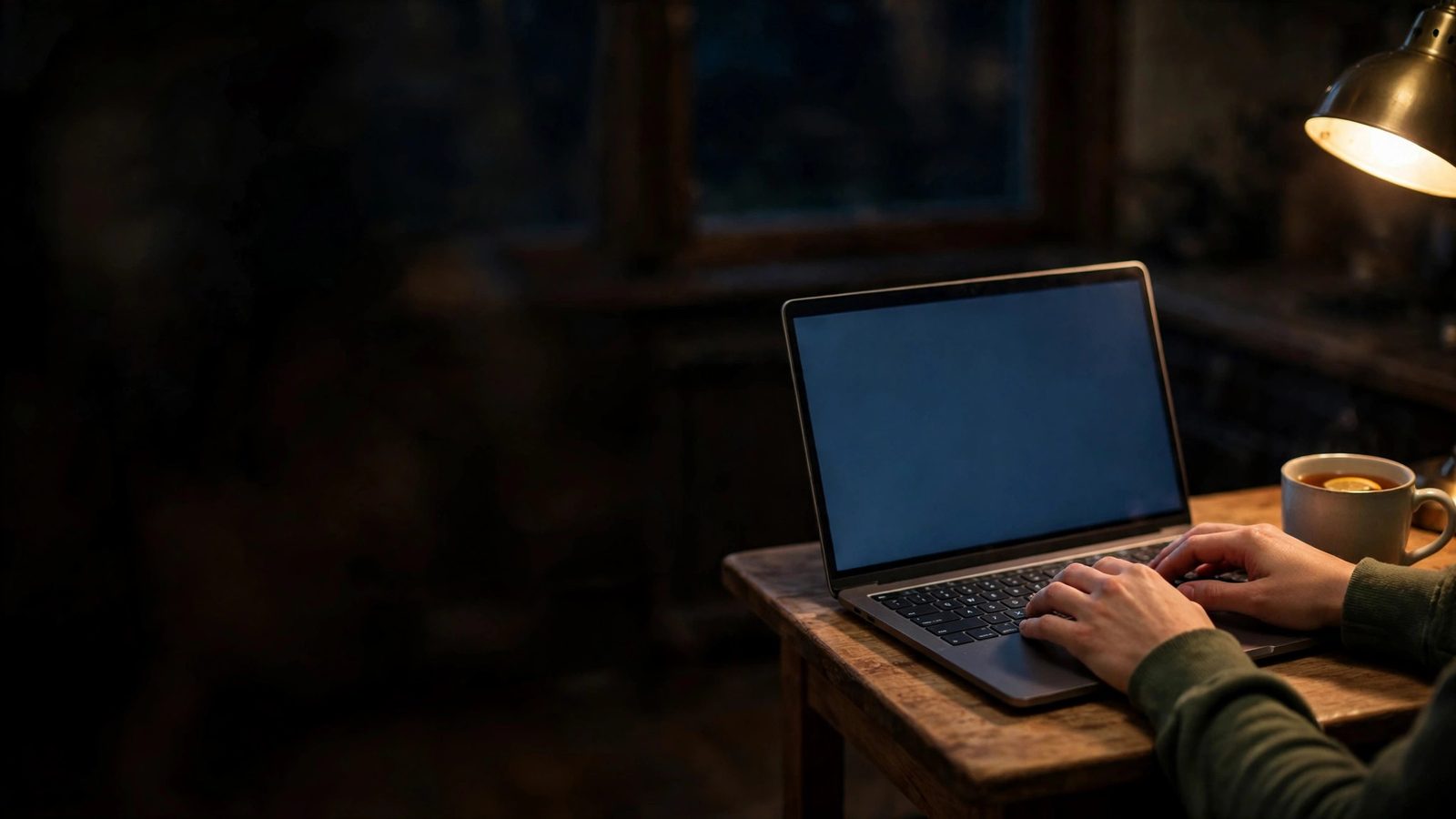 A person's hands on a laptop keyboard at a kitchen table at night, lit by a single desk lamp.
