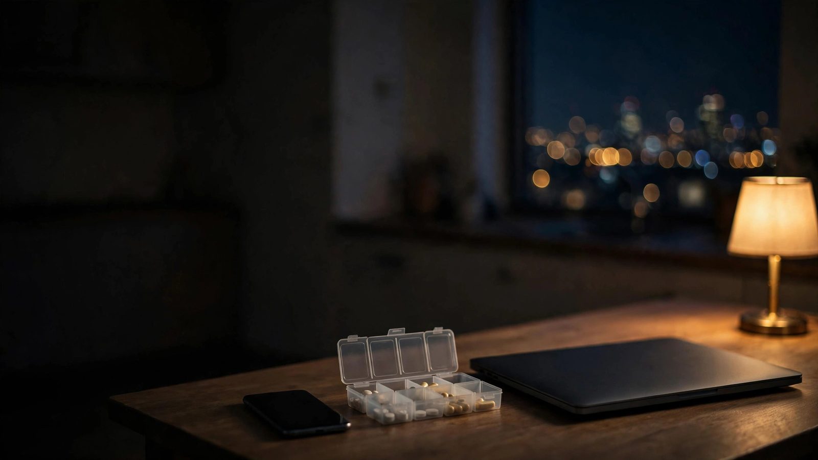 A closed laptop, an open pill organizer, and a face-down phone on a kitchen table at night under one lamp.