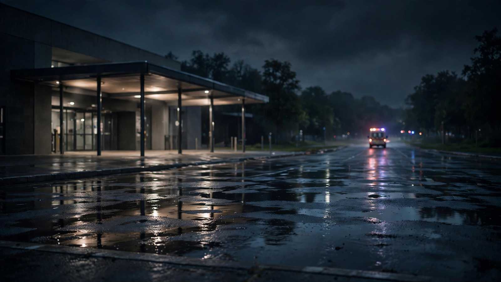 An empty hospital ambulance bay at night with wet pavement and one ambulance driving away in the distance.