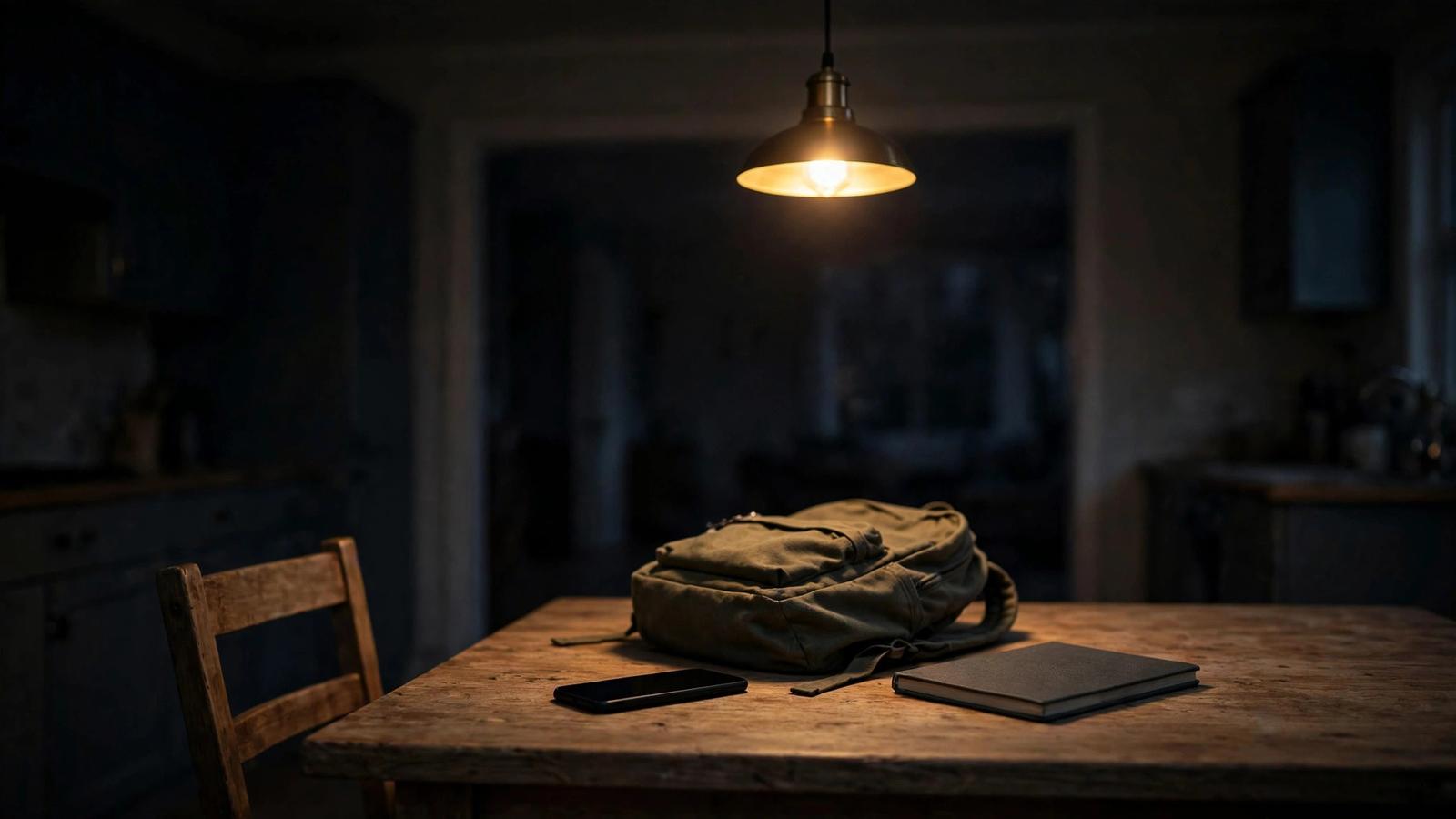 A phone face down on a kitchen table beside a backpack and a notebook under one lamp at night.