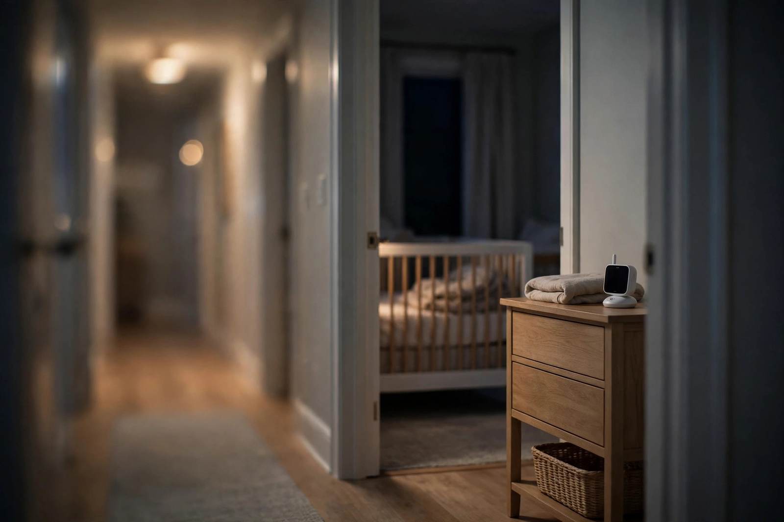 A child's bedroom doorway at night with a small monitor on a dresser and a hallway light left on