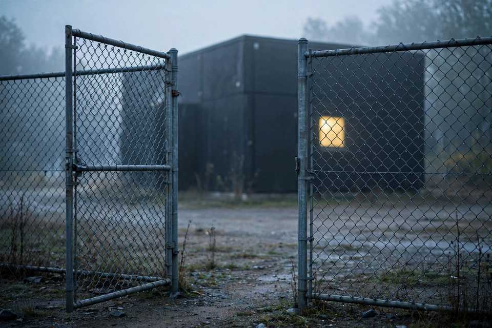 A single open gate in a fence around a dark server building at dawn with one light on inside