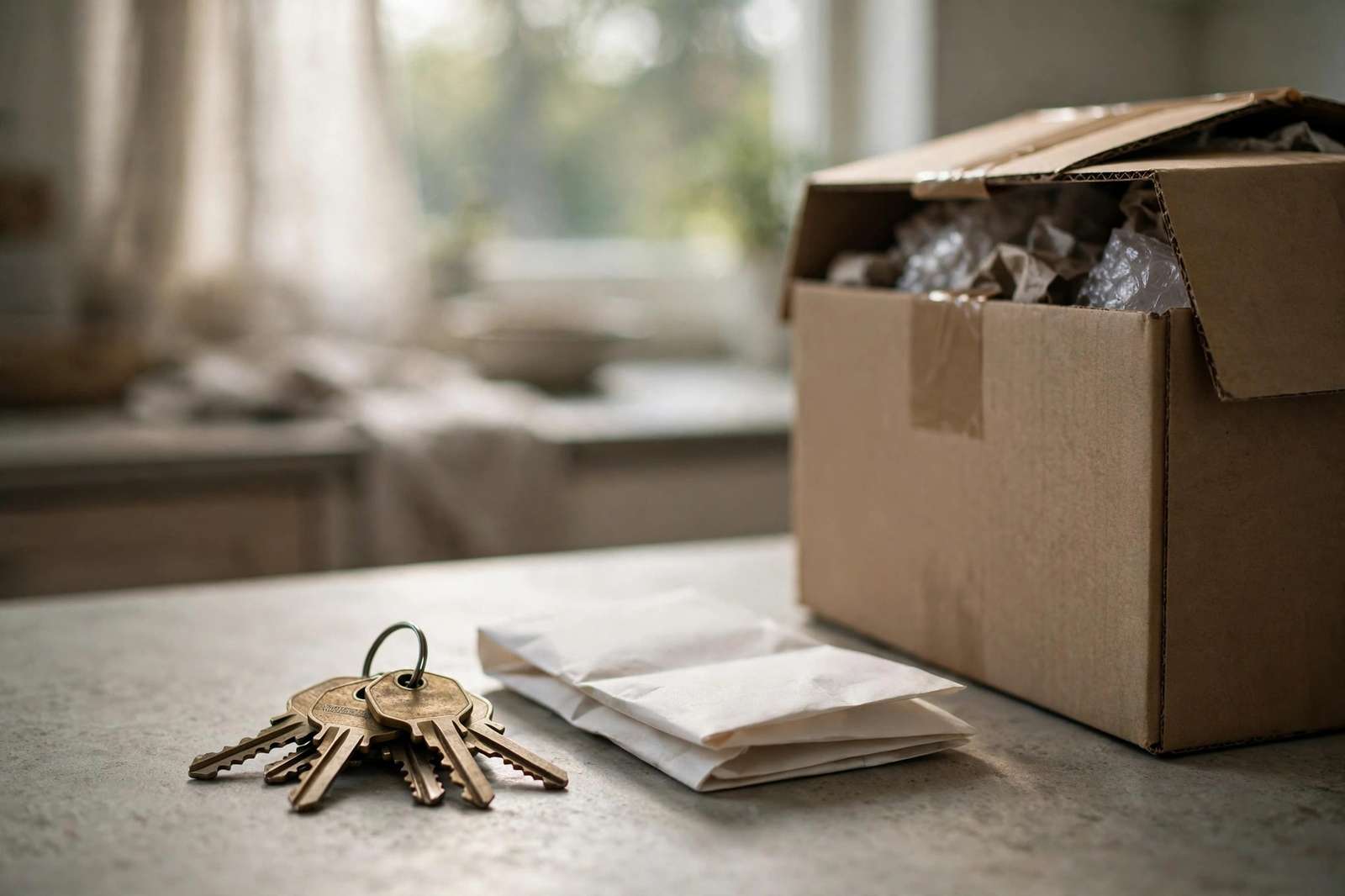 A stack of old apartment keys and a folded lease on a kitchen counter beside a moving box