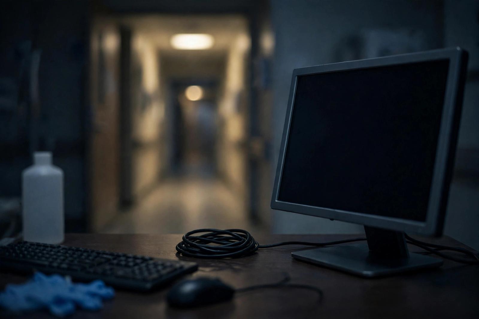 A dark hospital workstation with its power cable unplugged and coiled on the desk beside a blank monitor