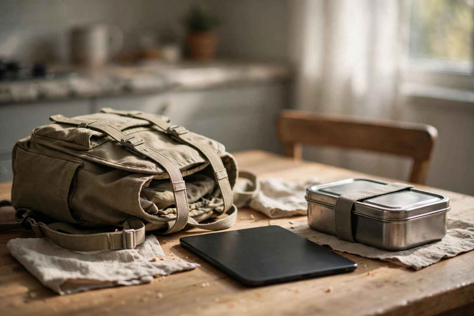A school backpack and a face down tablet on a kitchen table in morning light beside a lunch box