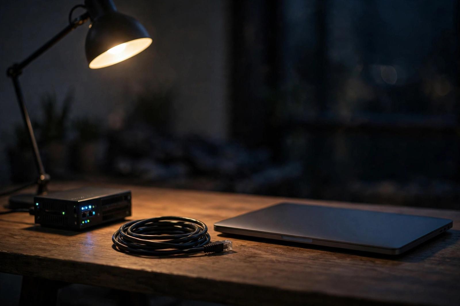 A home office desk with a small server light glowing and one network cable unplugged and coiled beside it