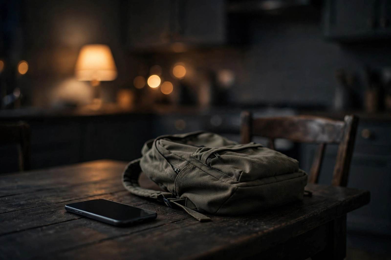 A phone lying face down on a dark kitchen table beside a school backpack at night