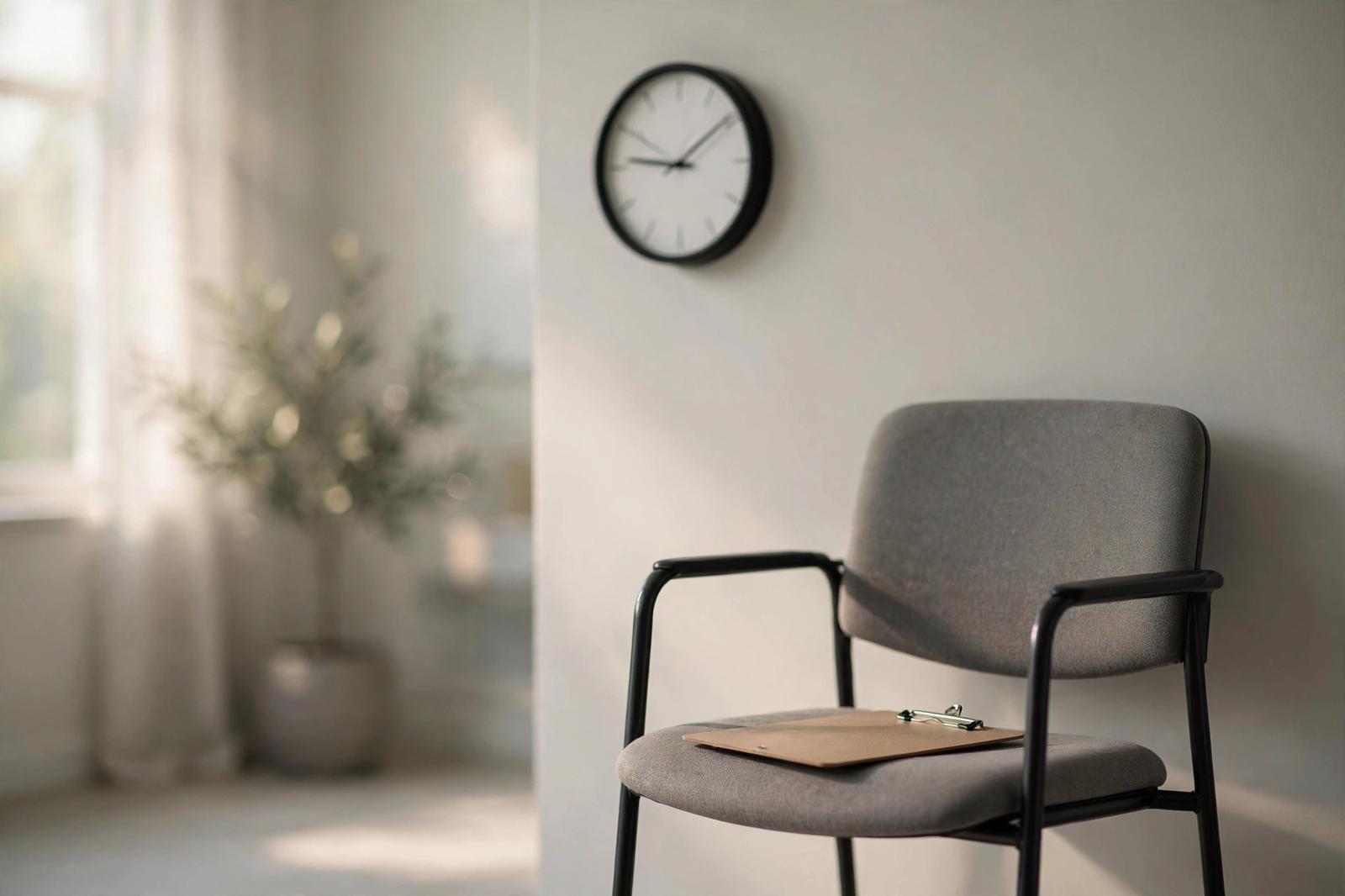 An empty clinic waiting room chair beside a wall clock in morning light